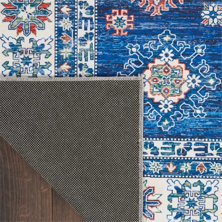 8' Ivory and Blue Oriental Distressed Non Skid Runner Rug Photo 6