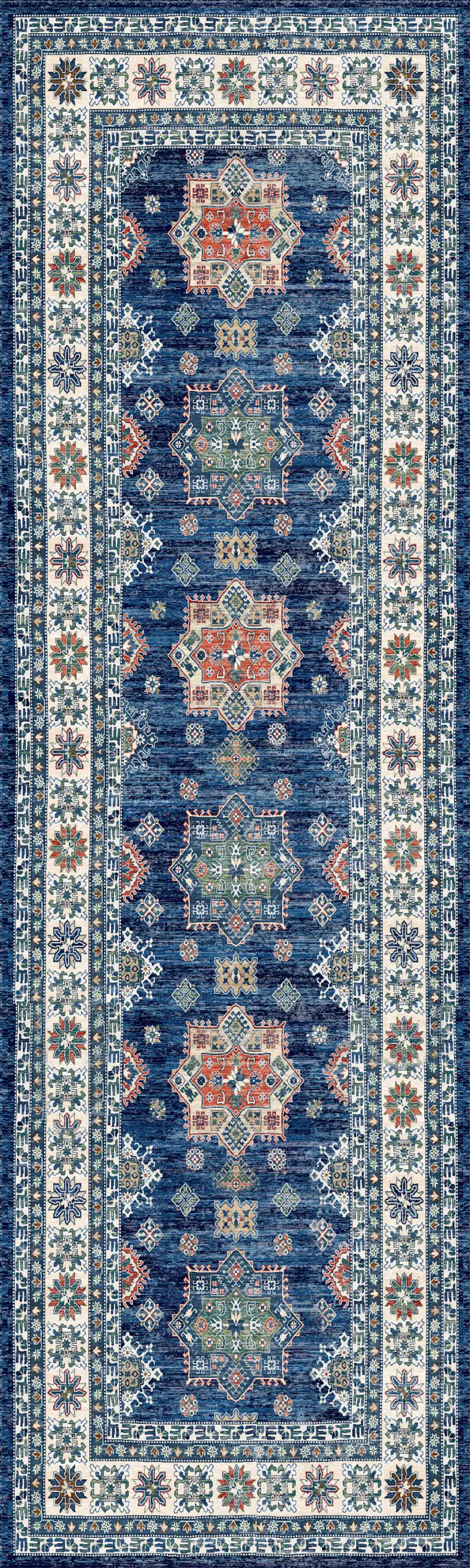 8' Ivory and Blue Oriental Distressed Non Skid Runner Rug Photo 8