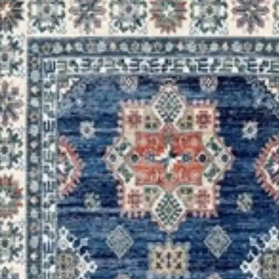8' Ivory and Blue Oriental Distressed Non Skid Runner Rug Photo 3