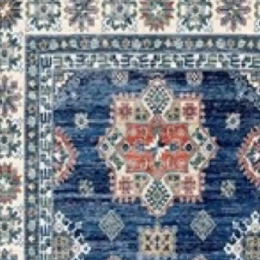 8' Ivory and Blue Oriental Distressed Non Skid Runner Rug Photo 3