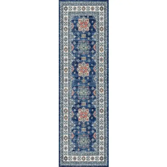 8' Ivory and Blue Oriental Distressed Non Skid Runner Rug Photo 1