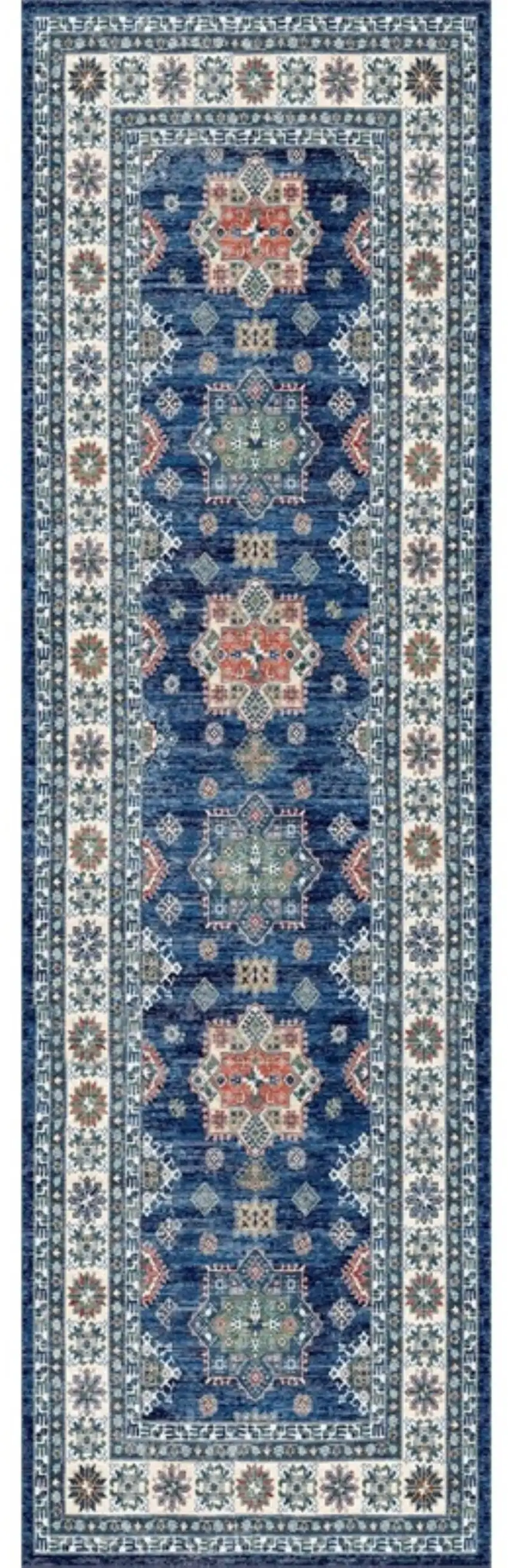 8' Ivory and Blue Oriental Distressed Non Skid Runner Rug Photo 1