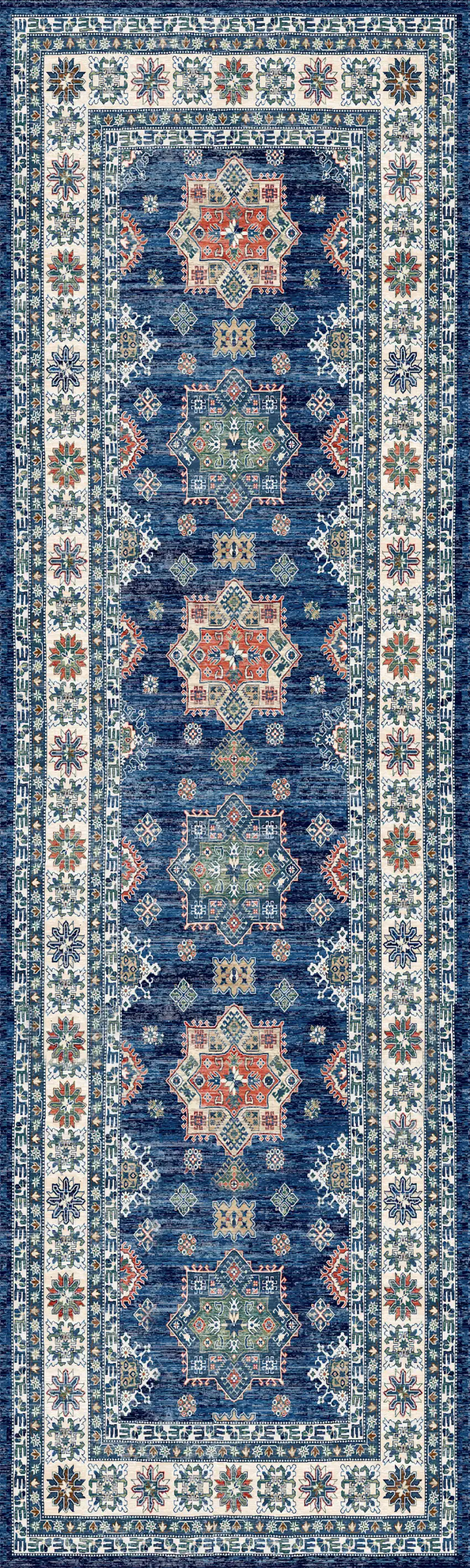 8' Ivory and Blue Oriental Distressed Non Skid Runner Rug Photo 2