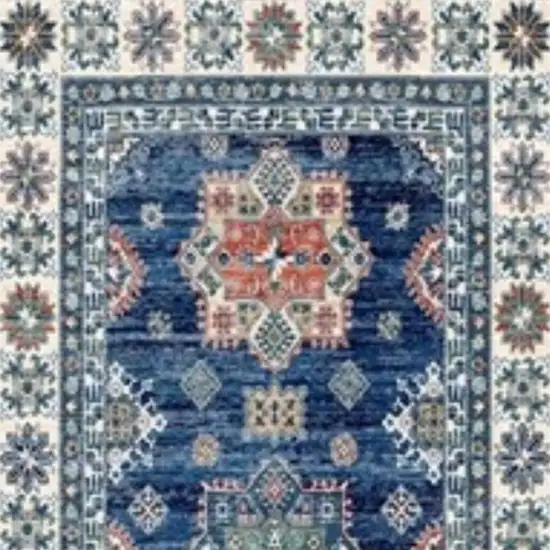8' Ivory and Blue Oriental Distressed Non Skid Runner Rug Photo 4