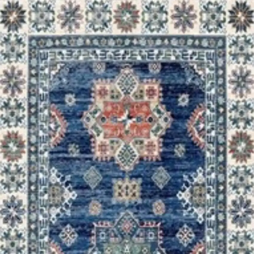 8' Ivory and Blue Oriental Distressed Non Skid Runner Rug Photo 4