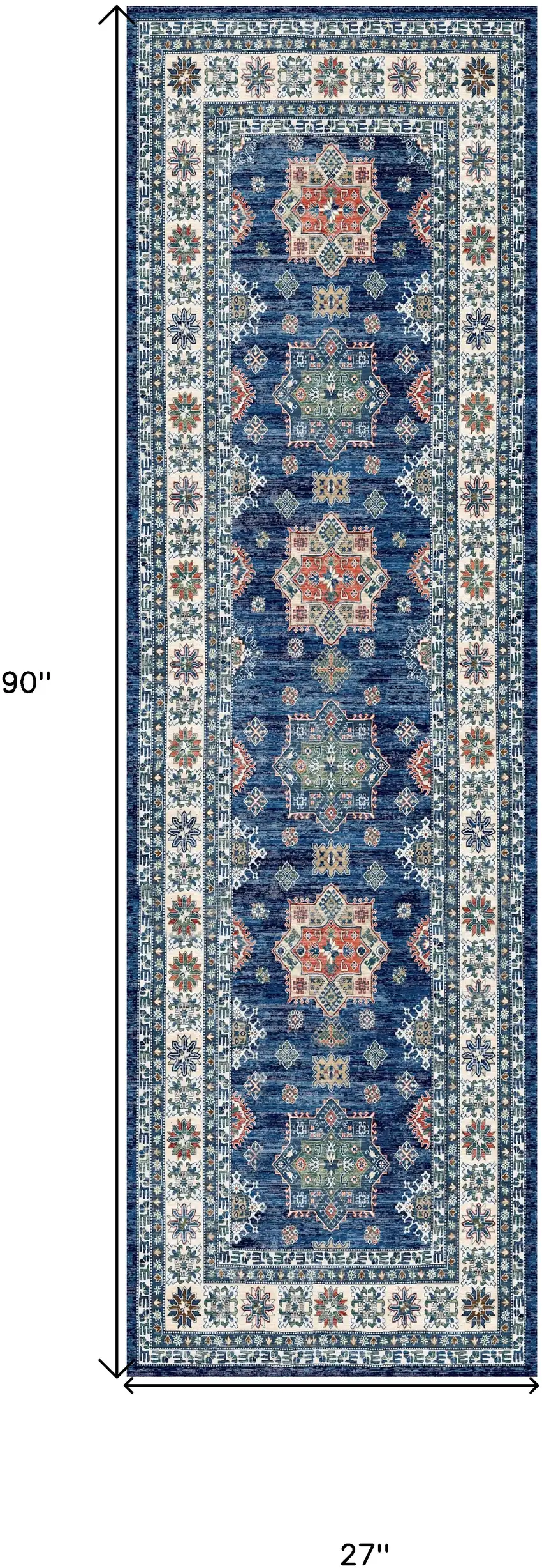 8' Ivory and Blue Oriental Distressed Non Skid Runner Rug Photo 3