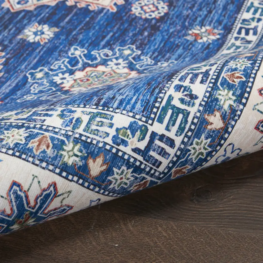 8' Ivory and Blue Oriental Distressed Non Skid Runner Rug Photo 6