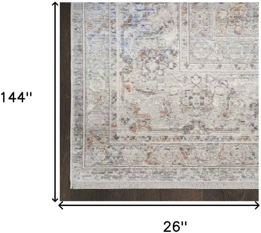12' Ivory and Blue Oriental Power Loom Distressed Runner Rug With Fringe Photo 8