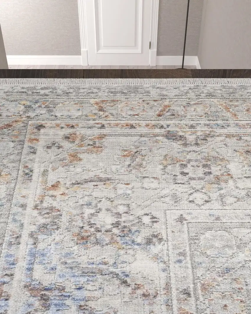 12' Ivory and Blue Oriental Power Loom Distressed Runner Rug With Fringe Photo 2