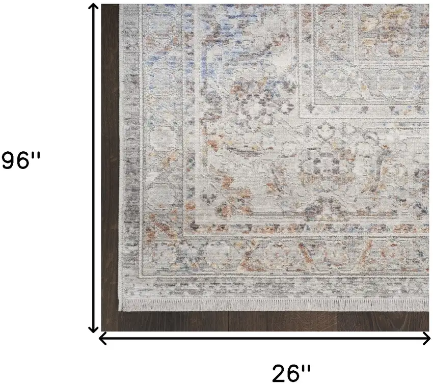 8' Ivory and Blue Oriental Power Loom Distressed Runner Rug With Fringe Photo 8