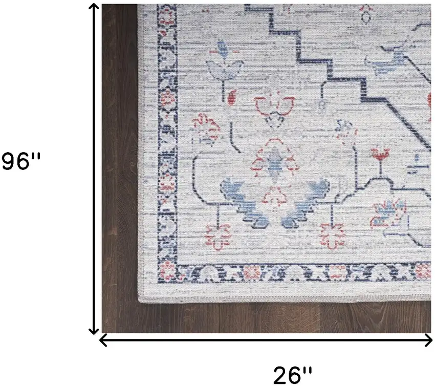 8' Ivory and Blue Oriental Power Loom Washable Runner Rug Photo 7