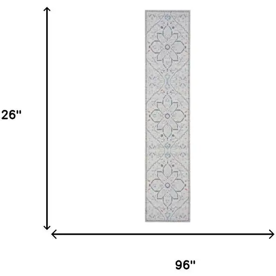 8' Ivory and Blue Oriental Power Loom Washable Runner Rug Photo 9