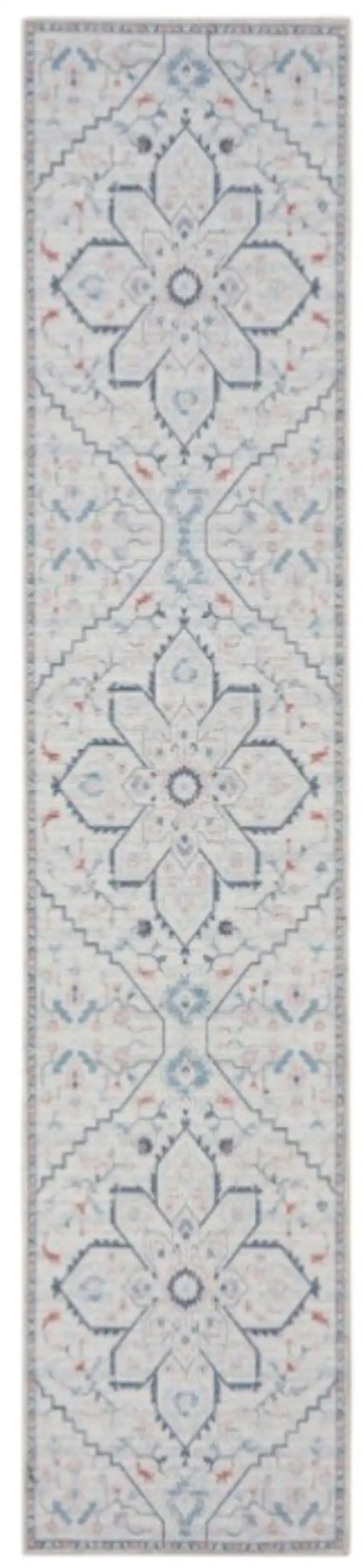 8' Ivory and Blue Oriental Power Loom Washable Runner Rug Photo 2