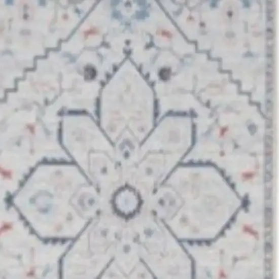 8' Ivory and Blue Oriental Power Loom Washable Runner Rug Photo 3