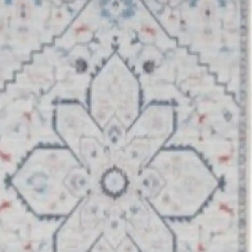 8' Ivory and Blue Oriental Power Loom Washable Runner Rug Photo 3