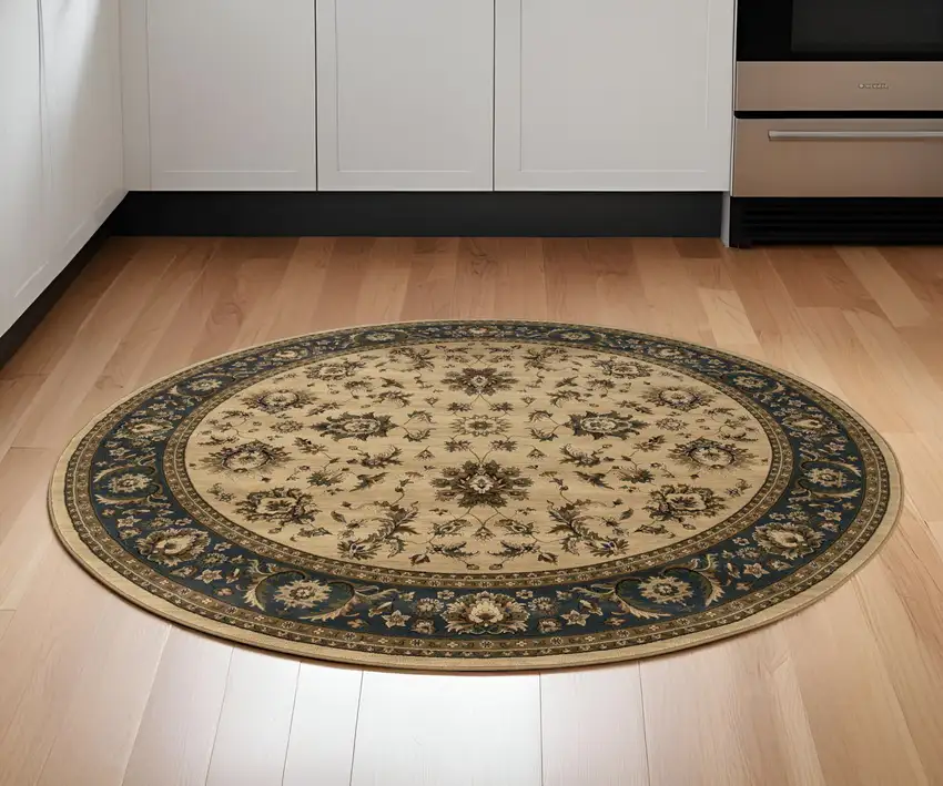 6' Ivory and Blue Oriental Round Rug Photo 1