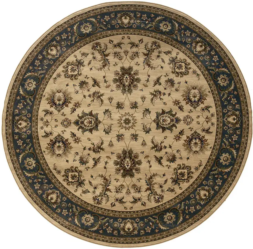 6' Ivory and Blue Oriental Round Rug Photo 2