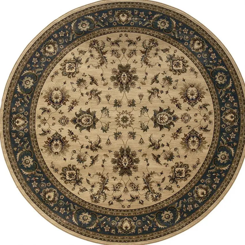 6' Ivory and Blue Oriental Round Rug Photo 4