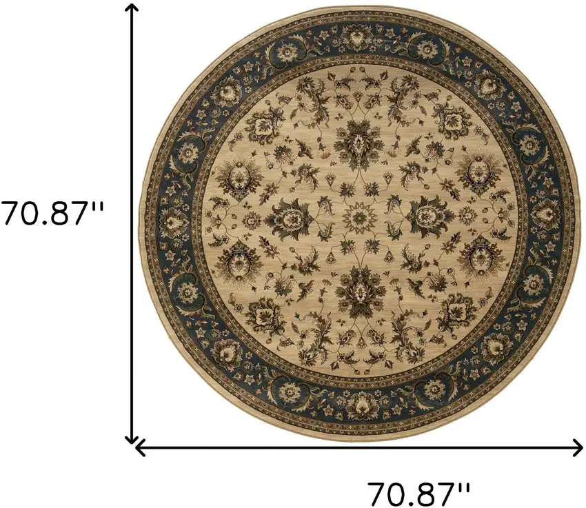6' Ivory and Blue Oriental Round Rug Photo 3