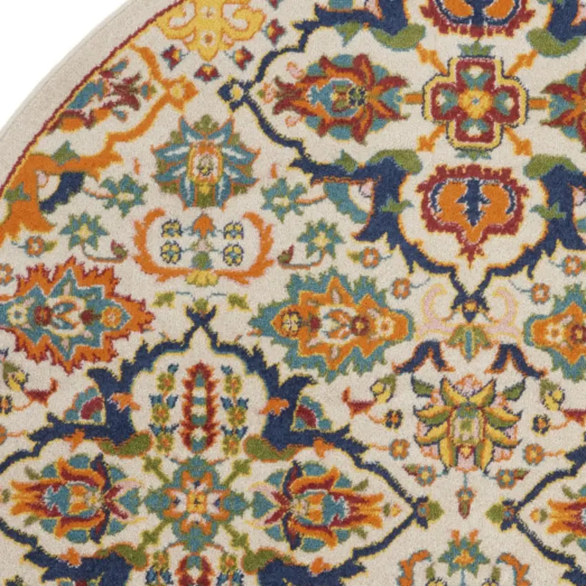 5' Ivory and Blue Round Floral Power Loom Area Rug Photo 8