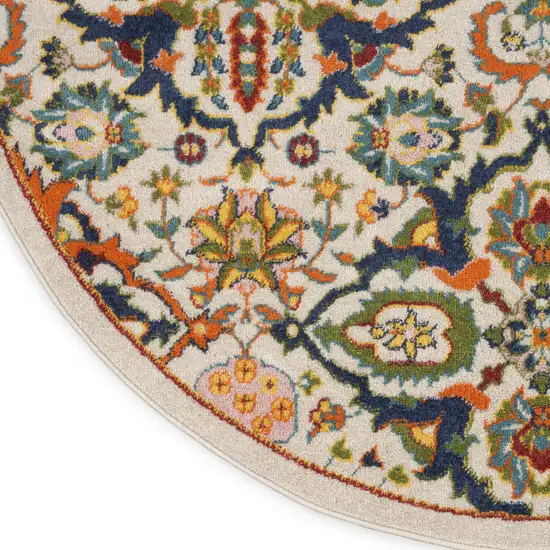5' Ivory and Blue Round Floral Power Loom Area Rug Photo 9