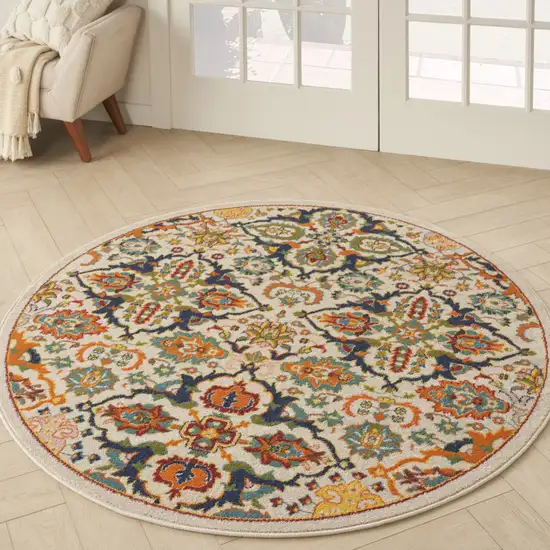 5' Ivory and Blue Round Floral Power Loom Area Rug Photo 5