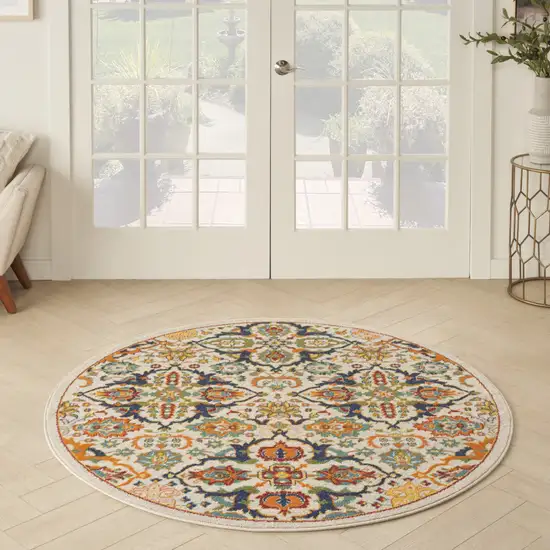 5' Ivory and Blue Round Floral Power Loom Area Rug Photo 6