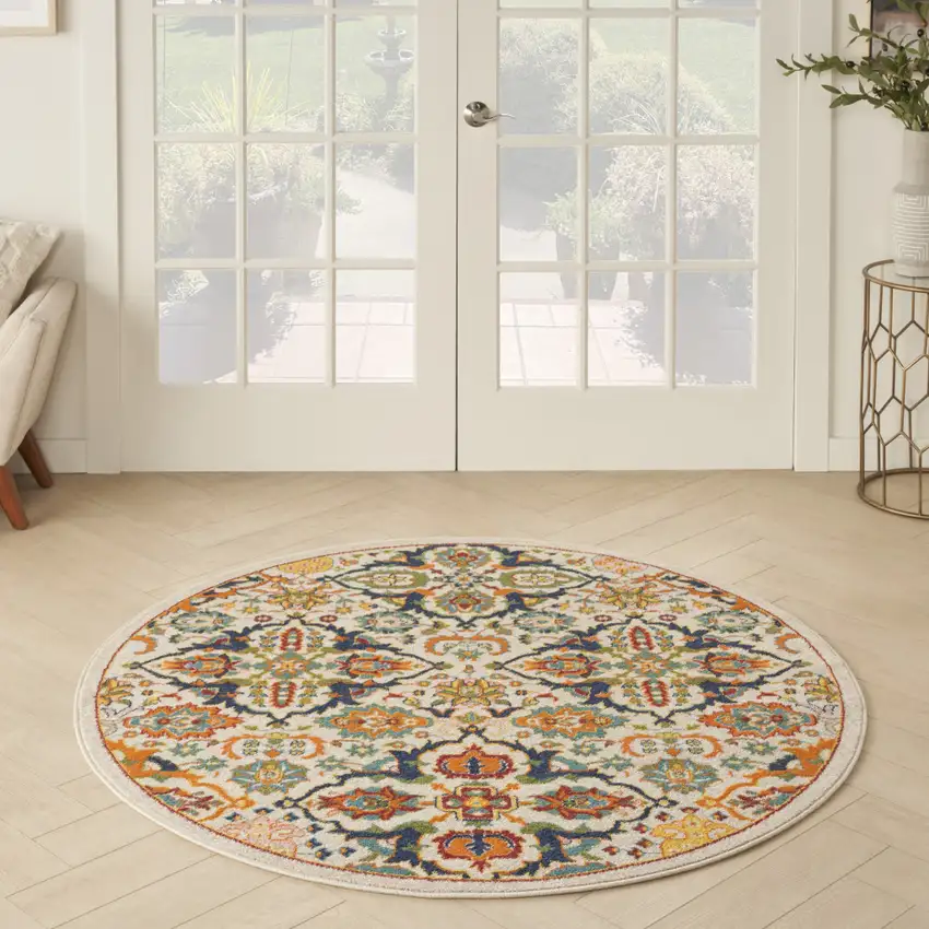 5' Ivory and Blue Round Floral Power Loom Area Rug Photo 6