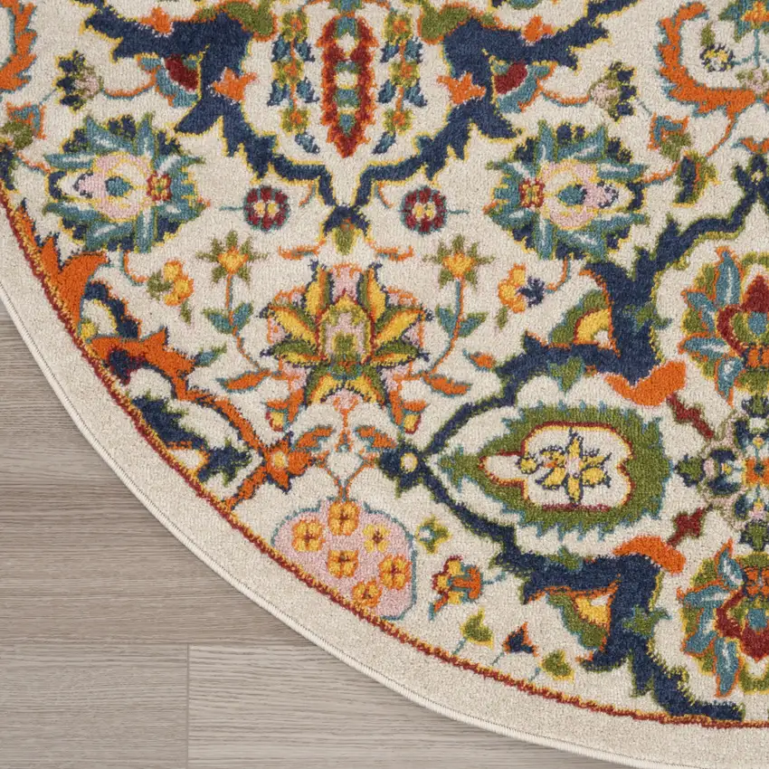 5' Ivory and Blue Round Floral Power Loom Area Rug Photo 4