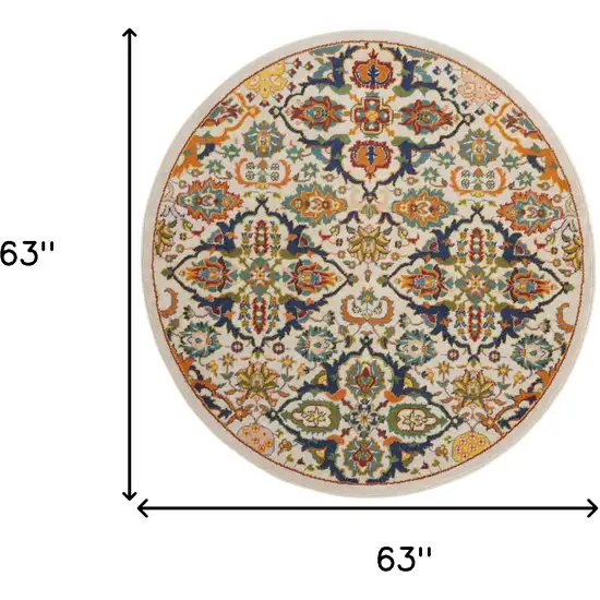 5' Ivory and Blue Round Floral Power Loom Area Rug Photo 3