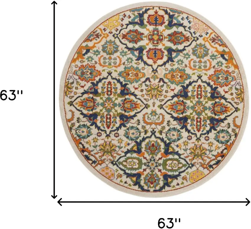 5' Ivory and Blue Round Floral Power Loom Area Rug Photo 3