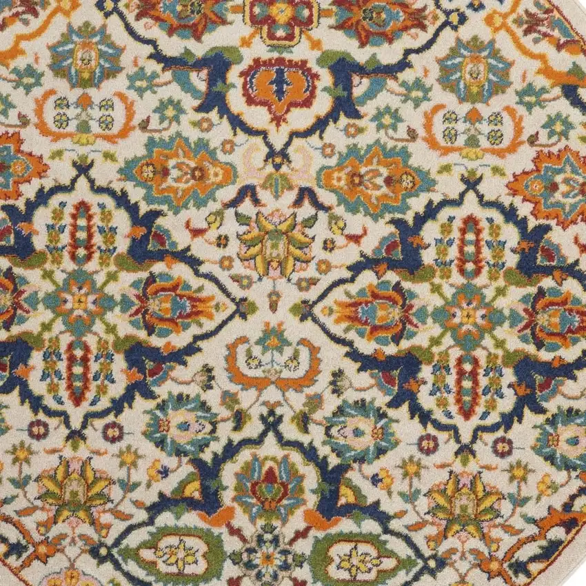 5' Ivory and Blue Round Floral Power Loom Area Rug Photo 2