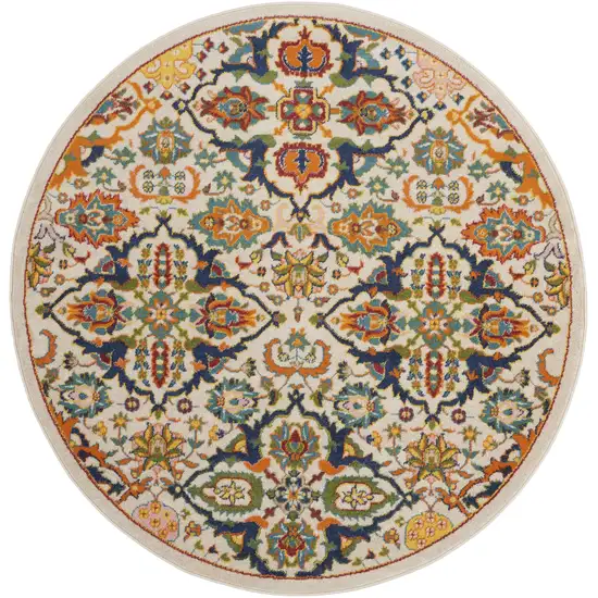 5' Ivory and Blue Round Floral Power Loom Area Rug Photo 1