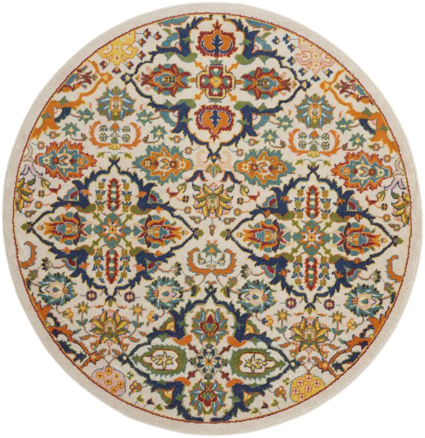5' Ivory and Blue Round Floral Power Loom Area Rug Photo 2