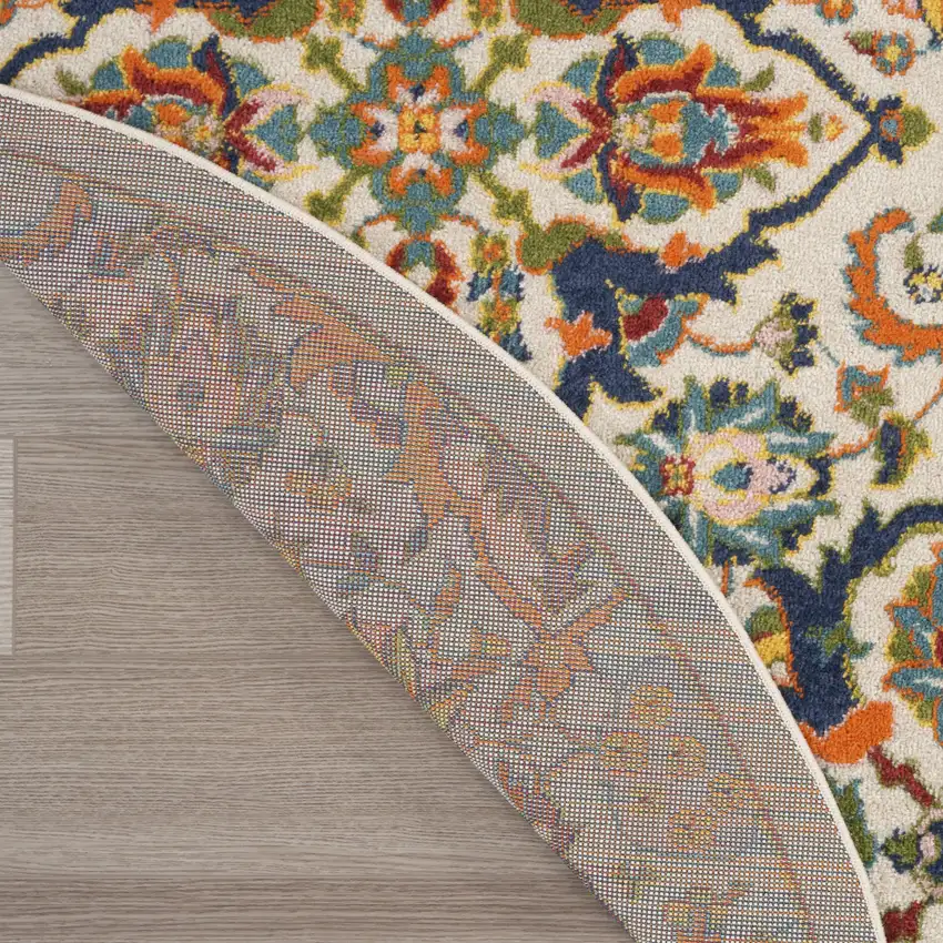 5' Ivory and Blue Round Floral Power Loom Area Rug Photo 6