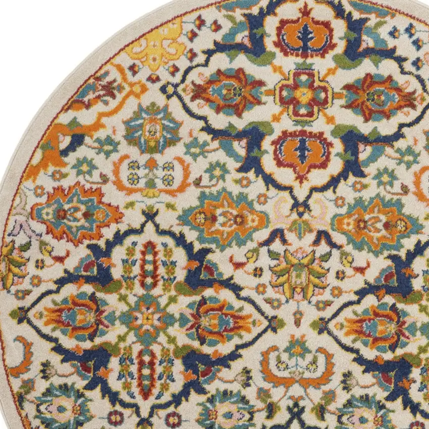 5' Ivory and Blue Round Floral Power Loom Area Rug Photo 9