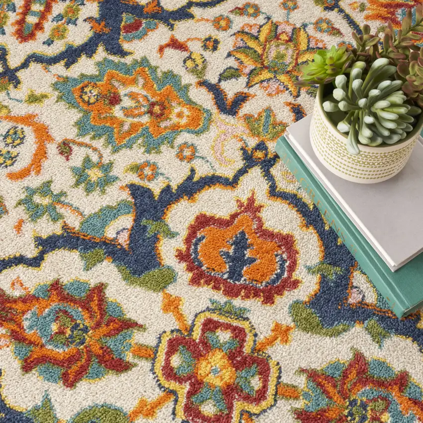 4' Ivory Blue And Yellow Floral Round Rug Photo 9