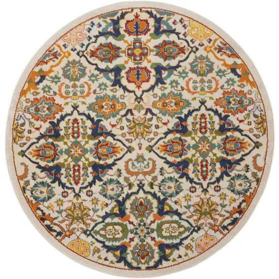 4' Ivory Blue And Yellow Floral Round Rug Photo 4