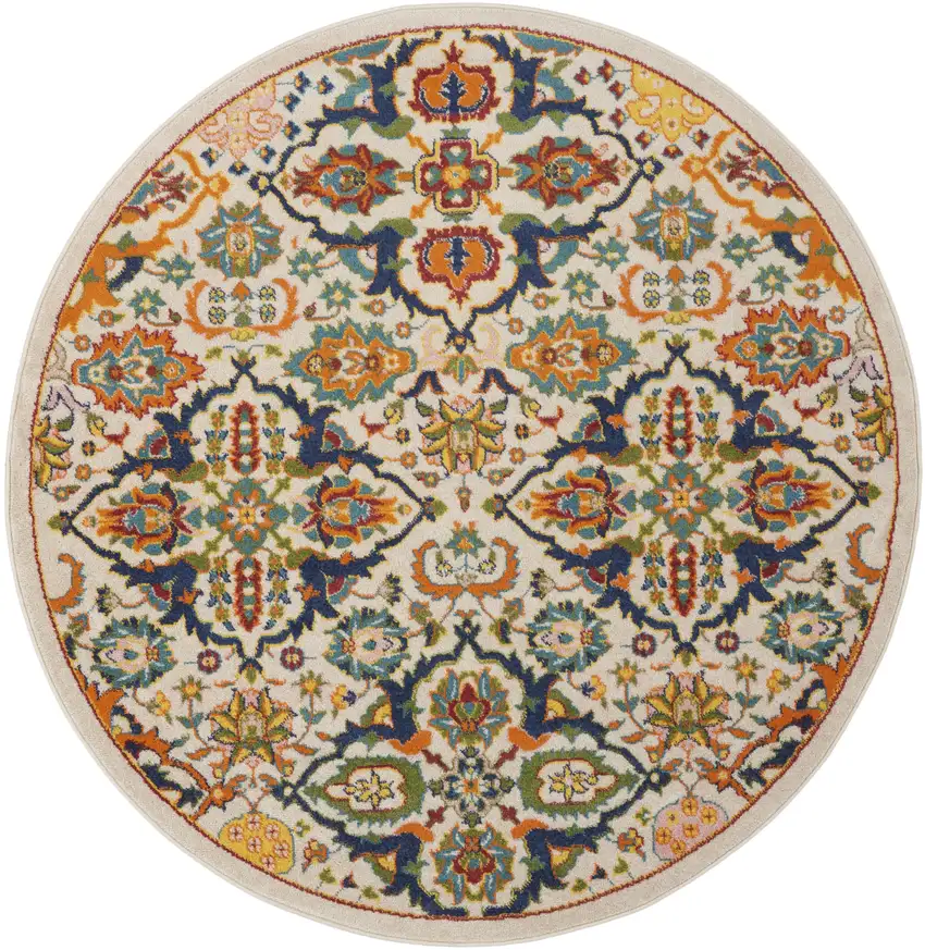 4' Ivory Blue And Yellow Floral Round Rug Photo 4