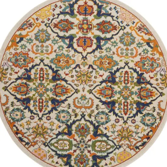 4' Ivory Blue And Yellow Floral Round Rug Photo 2