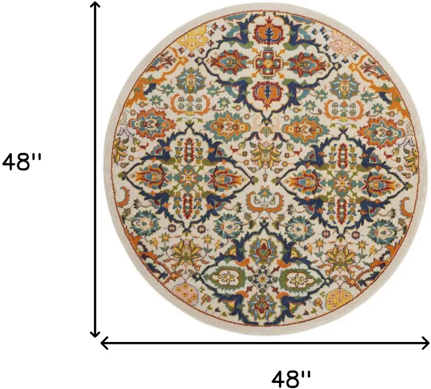 4' Ivory and Blue Round Floral Power Loom Area Rug Photo 3