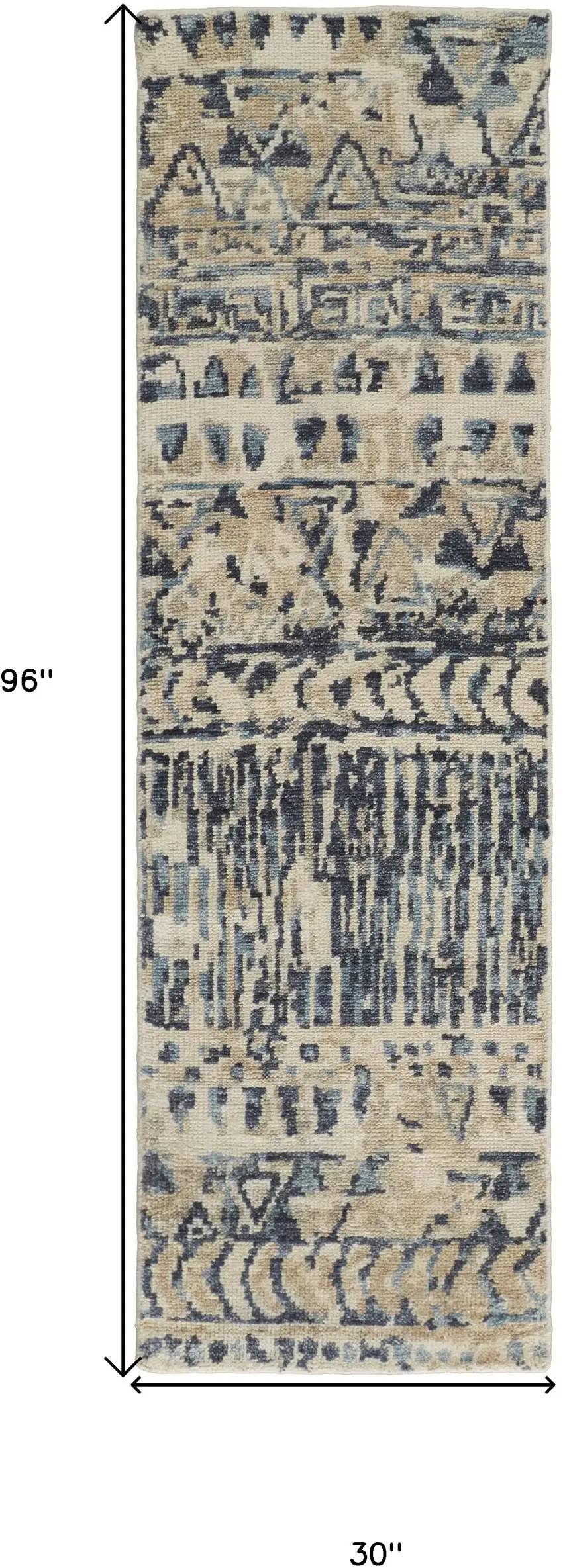 8' Ivory and Blue Wool Geometric Hand Knotted Runner Rug Photo 3