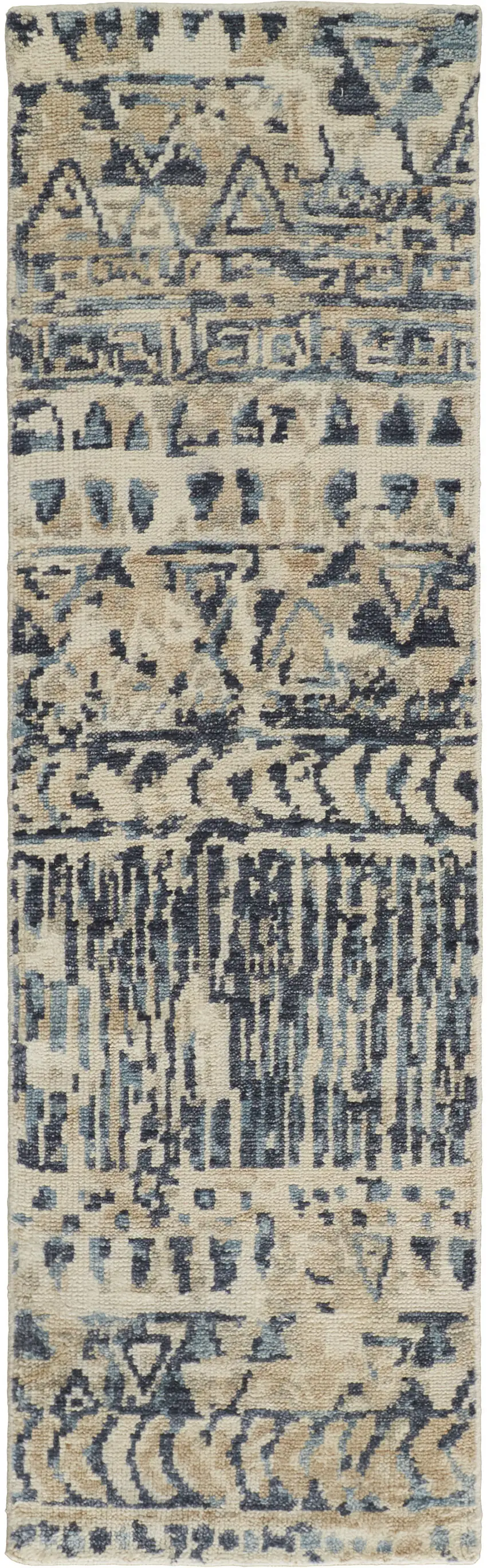 8' Ivory and Blue Wool Geometric Hand Knotted Runner Rug Photo 2