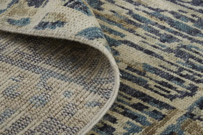 8' Ivory and Blue Wool Geometric Hand Knotted Runner Rug Photo 6