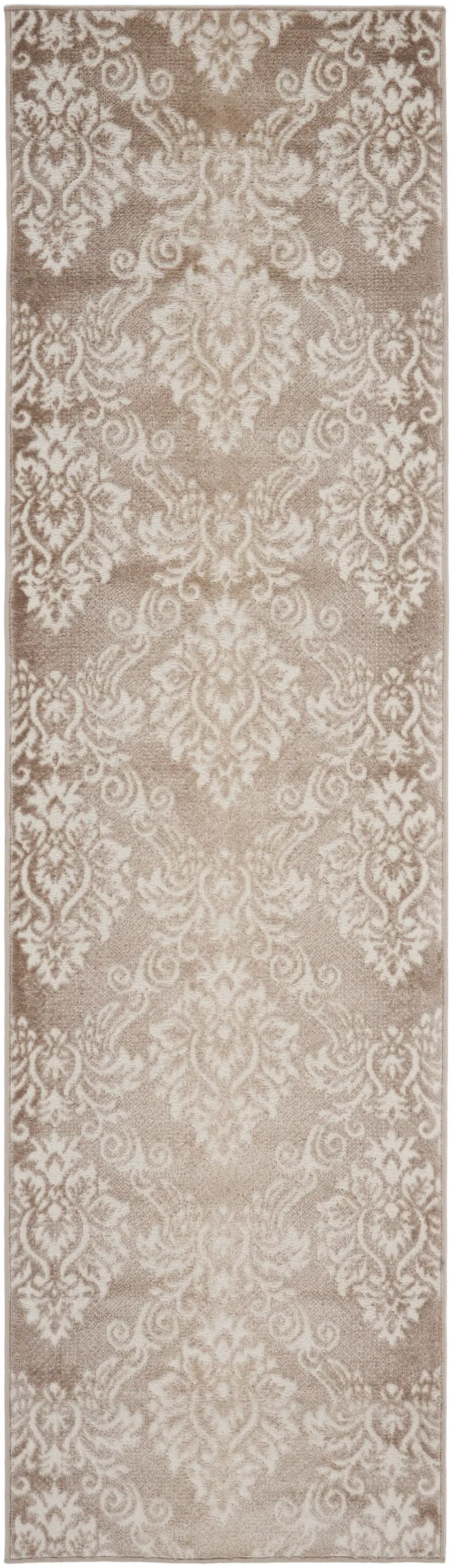 8' Ivory and Brown Damask Distressed Non Skid Runner Rug Photo 6