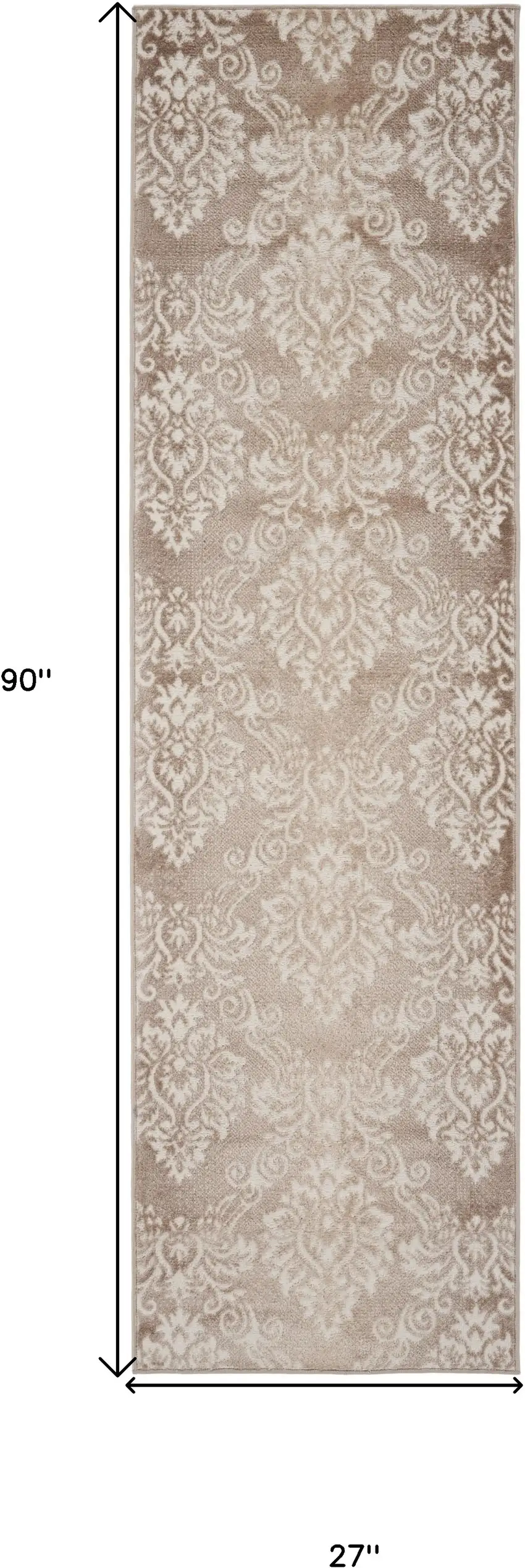 8' Ivory and Brown Damask Distressed Non Skid Runner Rug Photo 8