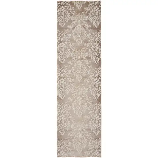 8' Ivory and Brown Damask Distressed Non Skid Runner Rug Photo 1