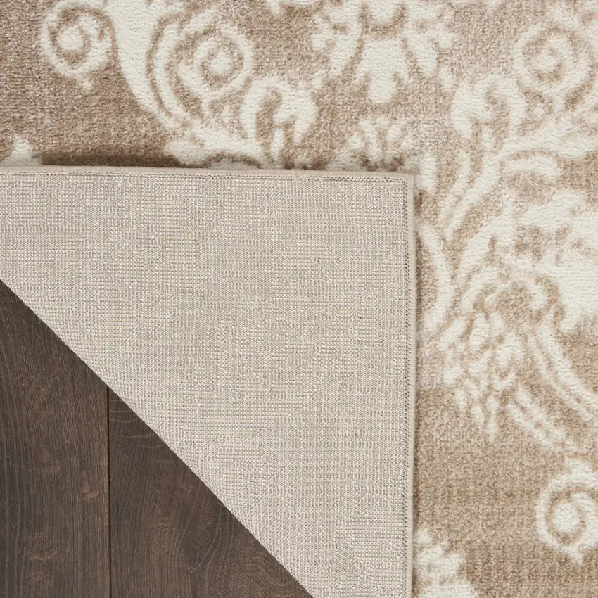 8' Ivory and Brown Damask Distressed Non Skid Runner Rug Photo 7
