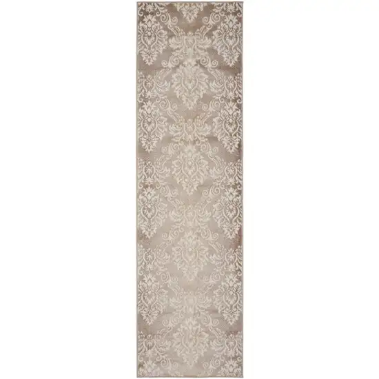 8' Ivory and Brown Damask Distressed Non Skid Runner Rug Photo 1