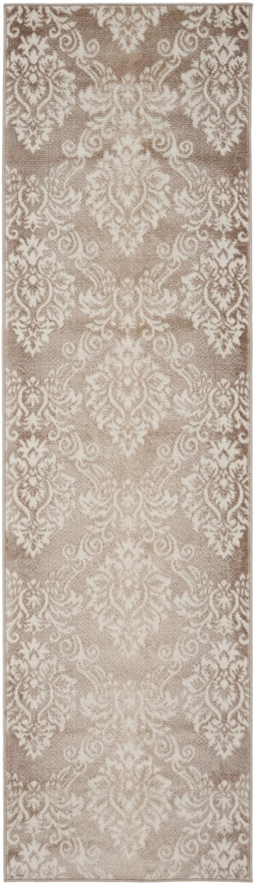 8' Ivory and Brown Damask Distressed Non Skid Runner Rug Photo 1